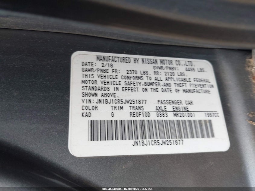 2018 Nissan Rogue VIN JN1BJ1CR5JW251877 IAAI salvage auction — REAR END, Salvage Title, sold $3,000 on 2026-07-28 (photo 9)