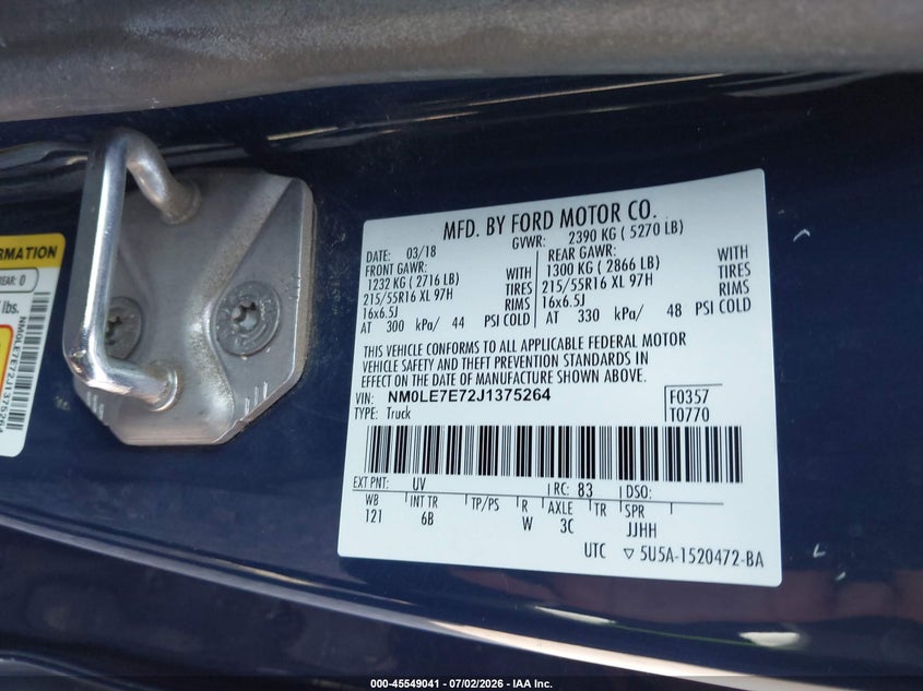 2018 Ford Transit connect VIN NM0LE7E72J1375264 IAAI salvage auction — NORMAL WEAR, Sf97 (Virginia), sold $11,950 on 2026-07-22 (photo 9)