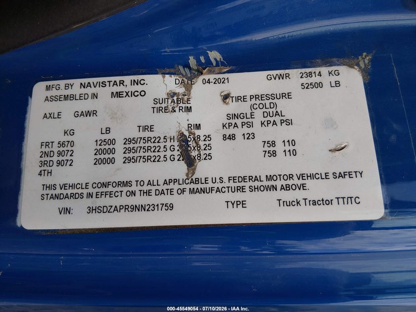 2022 International VIN 3HSDZAPR9NN231759 IAAI salvage auction — SIDE, Salvage Title, sold $26,600 on 2026-07-22 (photo 8)