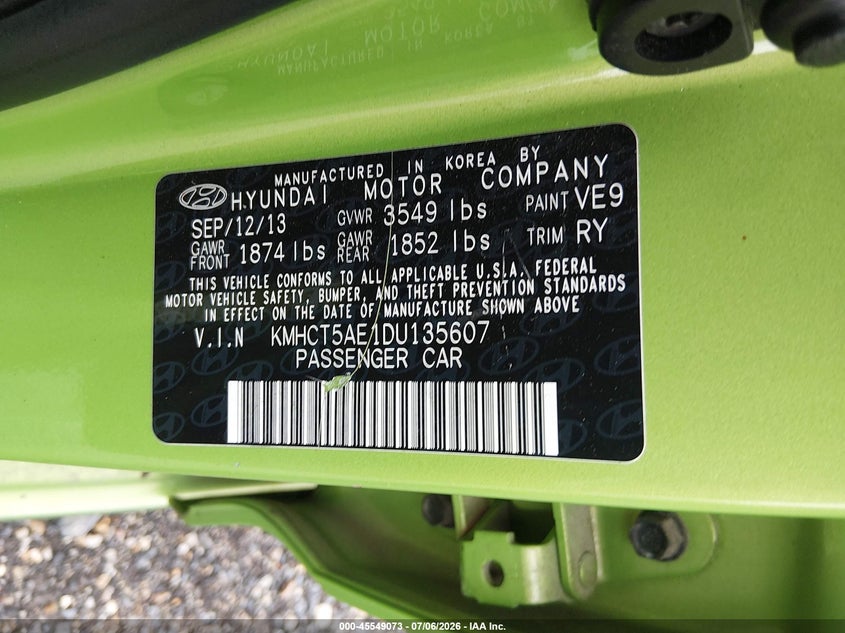 2013 Hyundai Accent VIN KMHCT5AE1DU135607 IAAI salvage auction — NORMAL WEAR, Clear (New Jersey), sold $575 on 2026-07-28 (photo 9)