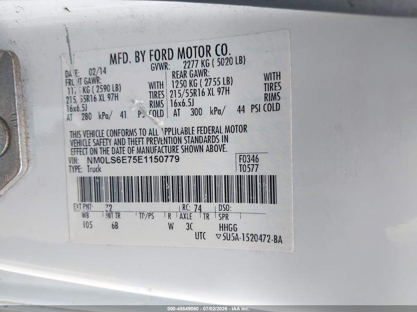 2014 Ford Transit VIN NM0LS6E75E1150779 IAAI salvage auction — RIGHT SIDE, Salvage Title, sold $25 on 2026-07-29 (photo 9)
