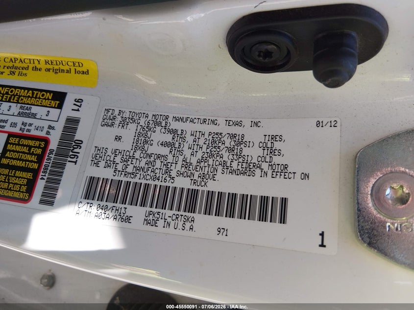 2012 Toyota Tundra VIN 5TFRM5F1XCX041675 IAAI salvage auction — NORMAL WEAR, Original (Texas), sold $2,450 on 2026-07-29 (photo 9)