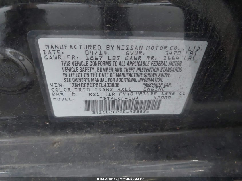 2014 Nissan Versa VIN 3N1CE2CP2EL433836 IAAI salvage auction — REAR END, Salvage Title, sold $300 on 2026-07-29 (photo 9)
