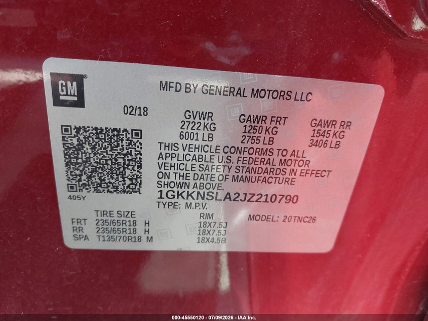 2018 Gmc Acadia VIN 1GKKNSLA2JZ210790 IAAI salvage auction — REAR END, Salvage Title, sold $2,600 on 2026-09-11 (photo 9)