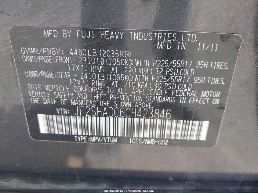 2012 Subaru Forester VIN JF2SHADC6CH423846 IAAI salvage auction — NORMAL WEAR, Wait Title, sold $500 on 2026-10-01 (photo 9)