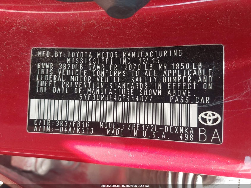 2016 Toyota Corolla VIN 5YFBURHE4GP444077 IAAI salvage auction — FRONT END, Salvage (Missouri), sold $675 on 2026-07-31 (photo 9)