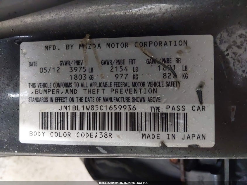2012 Mazda 3 VIN JM1BL1W85C1659936 IAAI salvage auction — LEFT FRONT, Mv-907A (New York), sold $450 on 2026-07-17 (photo 9)