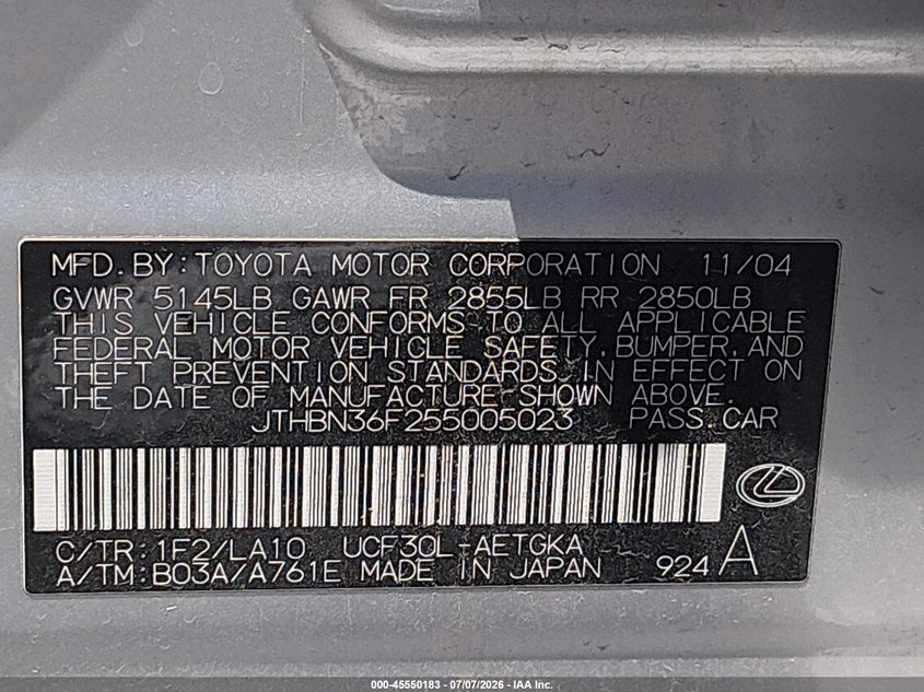 2005 Lexus Ls 430 VIN JTHBN36F255005023 IAAI salvage auction — FRONT END, Salvage (Nevada), sold $25 on 2026-07-24 (photo 9)