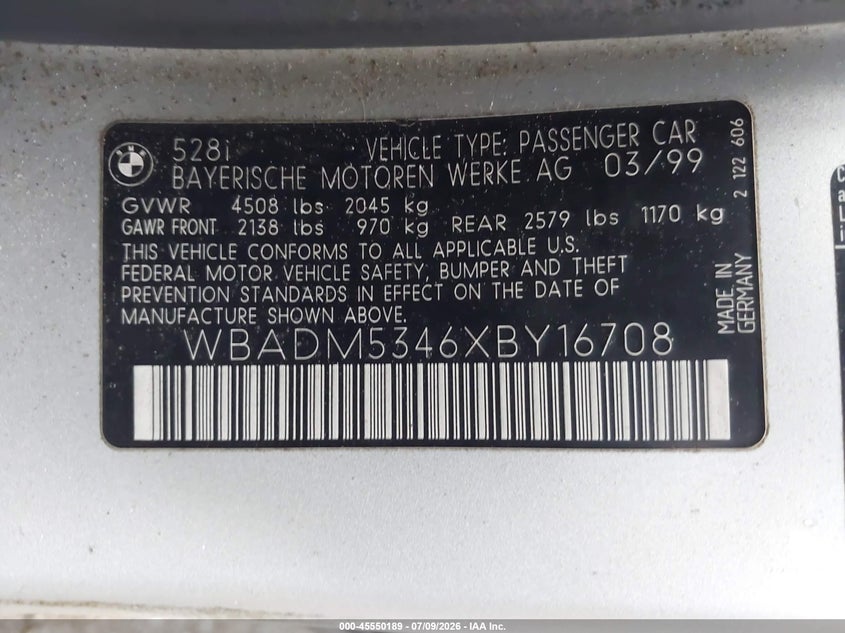 1999 BMW 5 series VIN WBADM5346XBY16708 IAAI salvage auction — NORMAL WEAR, Clear (Pennsylvania), sold $1,925 on 2026-07-15 (photo 9)