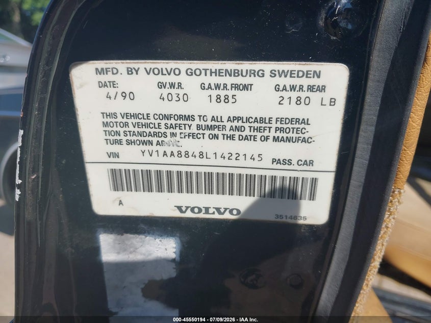 1990 Volvo 240 VIN YV1AA8848L1422145 IAAI salvage auction — RIGHT SIDE, Bill Of Sale (Rhode Island), sold $325 on 2026-08-11 (photo 9)