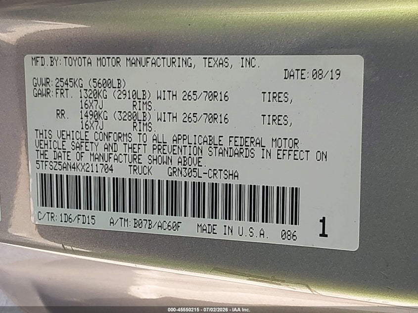 2019 Toyota Tacoma VIN 5TFSZ5AN4KX211704 IAAI salvage auction — SIDE, Junk (New Jersey), sold $8,300 on 2026-07-20 (photo 9)