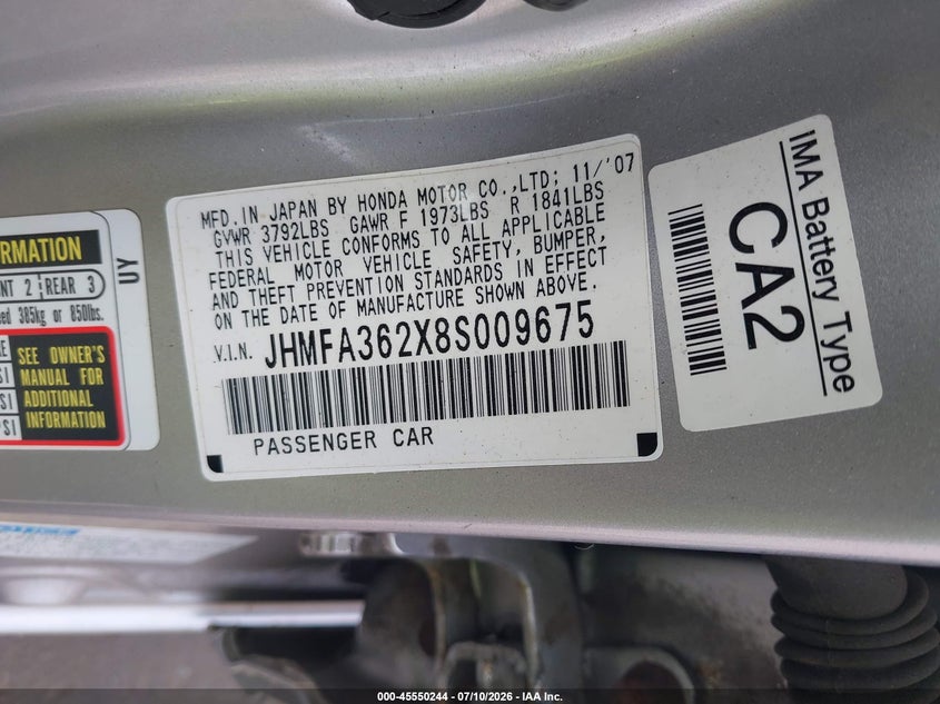 2008 Honda Civic hybrid VIN JHMFA362X8S009675 IAAI salvage auction — NORMAL WEAR, Clear (Connecticut), sold $350 on 2026-07-16 (photo 9)