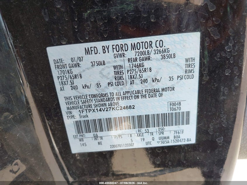 2007 Ford F-150 VIN 1FTPX14V27KC24682 IAAI salvage auction — REAR END, Regular (South Dakota), sold $25 on 2026-07-31 (photo 9)