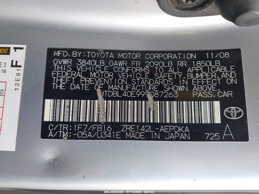 2009 Toyota Corolla VIN JTDBL40E999087263 IAAI salvage auction — FRONT END, Clear (Massachusetts), sold $775 on 2026-07-17 (photo 9)