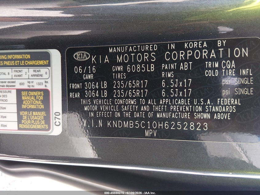 2017 Kia SEDONA VIN KNDMB5C10H6252823 IAAI salvage auction — NORMAL WEAR, Clear (Florida), sold $1,050 on 2026-07-21 (photo 9)