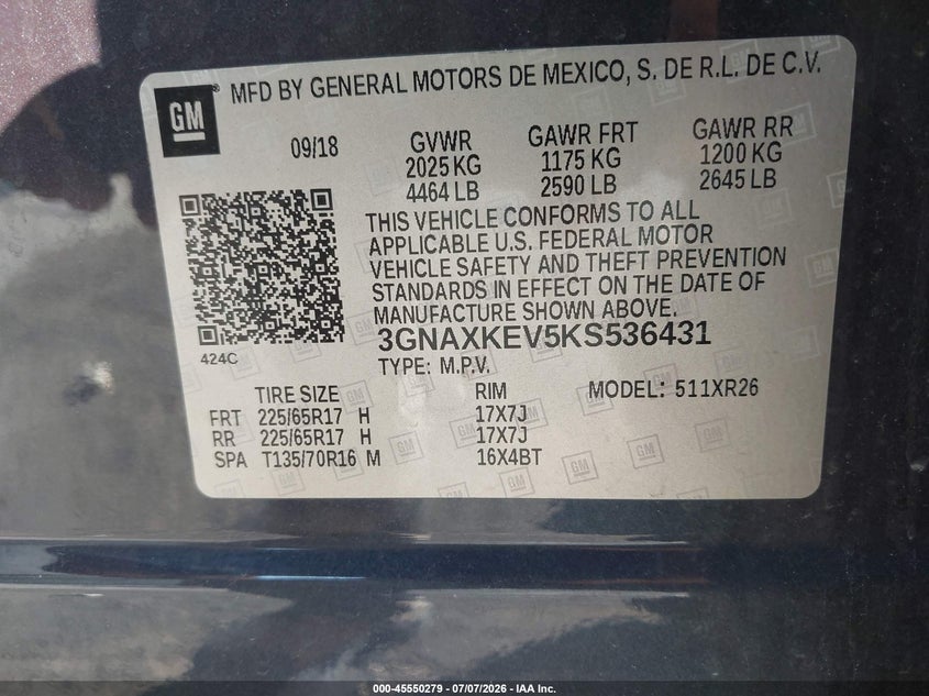 2019 Chevrolet Equinox VIN 3GNAXKEV5KS536431 IAAI salvage auction — REAR END, Wait Title, sold $3,000 on 2026-08-22 (photo 9)