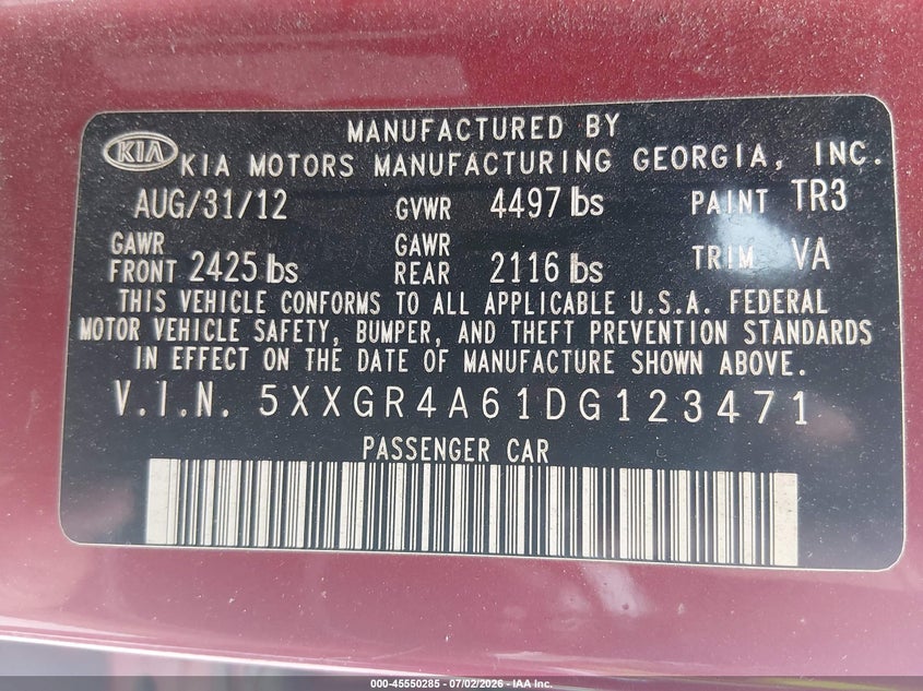 2013 Kia Optima VIN 5XXGR4A61DG123471 IAAI salvage auction — NORMAL WEAR, Salvage Title, sold $275 on 2026-07-20 (photo 9)