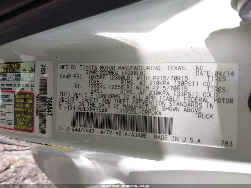 2014 Toyota Tacoma VIN 5TFTX4CNXEX043900 IAAI salvage auction — FRONT END, Rebuildable (Florida), sold $4,050 on 2026-07-20 (photo 9)