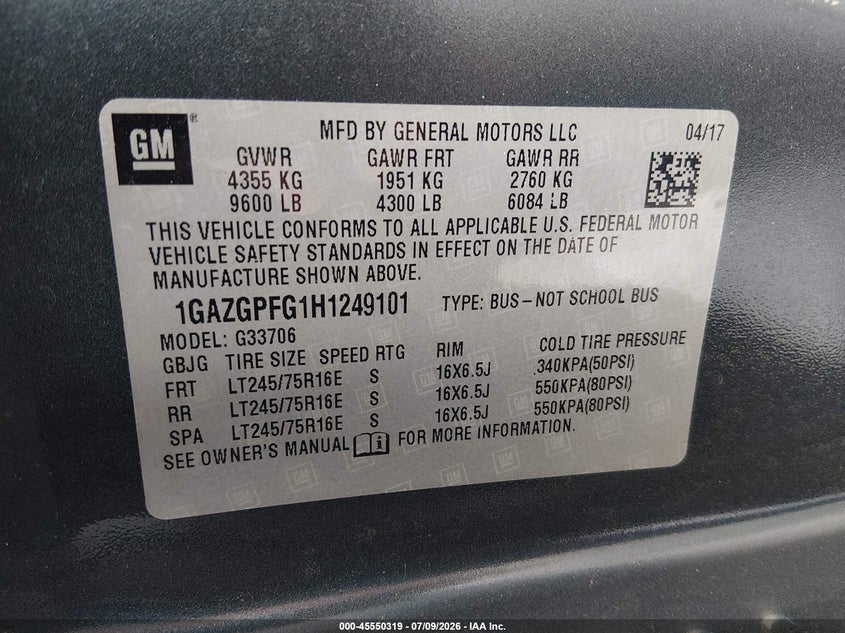 2017 Chevrolet Express 3500 VIN 1GAZGPFG1H1249101 IAAI salvage auction — NORMAL WEAR, Sf97 (Georgia), sold $18,850 on 2026-09-09 (photo 9)