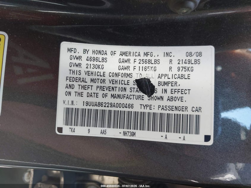 2009 Acura Tl VIN 19UUA86229A000466 IAAI salvage auction — SIDE, Salvage (California), sold $800 on 2026-07-31 (photo 9)