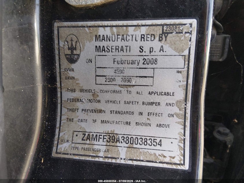 2008 Maserati Quattroporte VIN ZAMFE39A380038354 IAAI salvage auction — FRONT END, Clear (South Carolina), sold $450 on 2026-08-05 (photo 9)