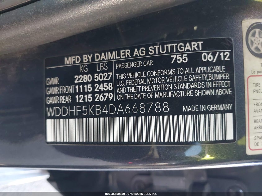 2013 Mercedes-benz E-klasse VIN WDDHF5KB4DA668788 IAAI salvage auction — RIGHT FRONT, Wait Title, sold $475 on 2026-10-03 (photo 9)