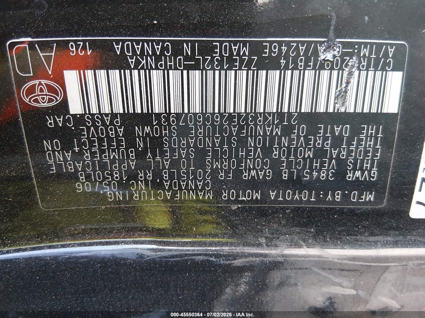 2006 Toyota Matrix VIN 2T1KR32E26C607931 IAAI salvage auction — NORMAL WEAR, Clear - Dealer Only (California), sold $675 on 2026-07-28 (photo 9)