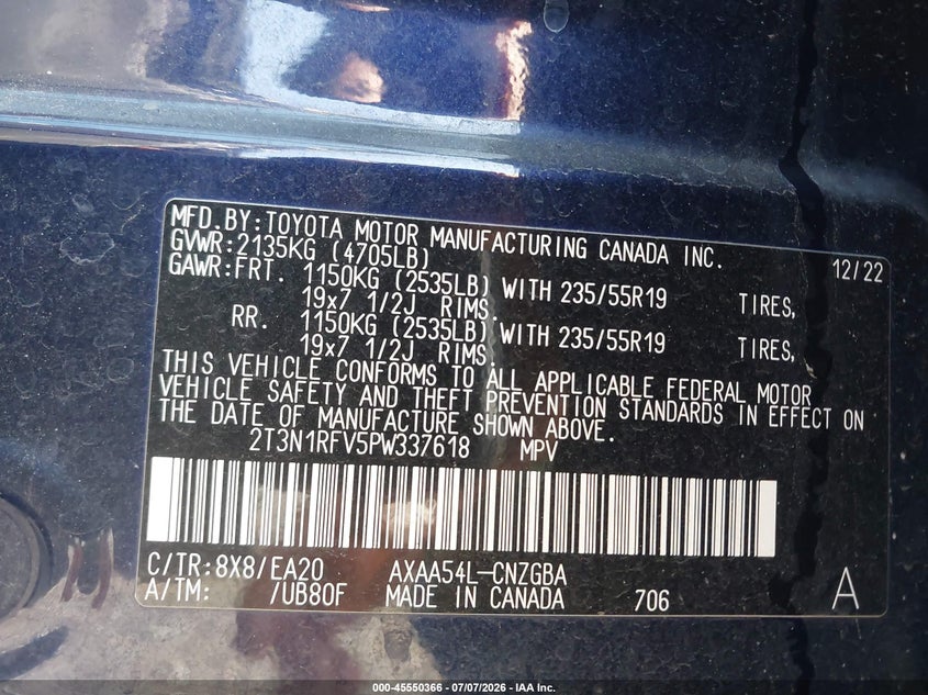 2023 Toyota Rav 4 VIN 2T3N1RFV5PW337618 IAAI salvage auction — FRONT END, Salvage Title, sold $8,600 on 2026-07-31 (photo 9)