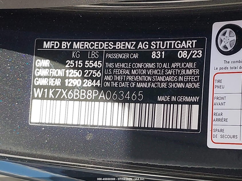 2023 Mercedes-benz VIN W1K7X6BB8PA063465 IAAI salvage auction — WATER/FLOOD, Salvage Title, sold $37,100 on 2026-10-07 (photo 9)
