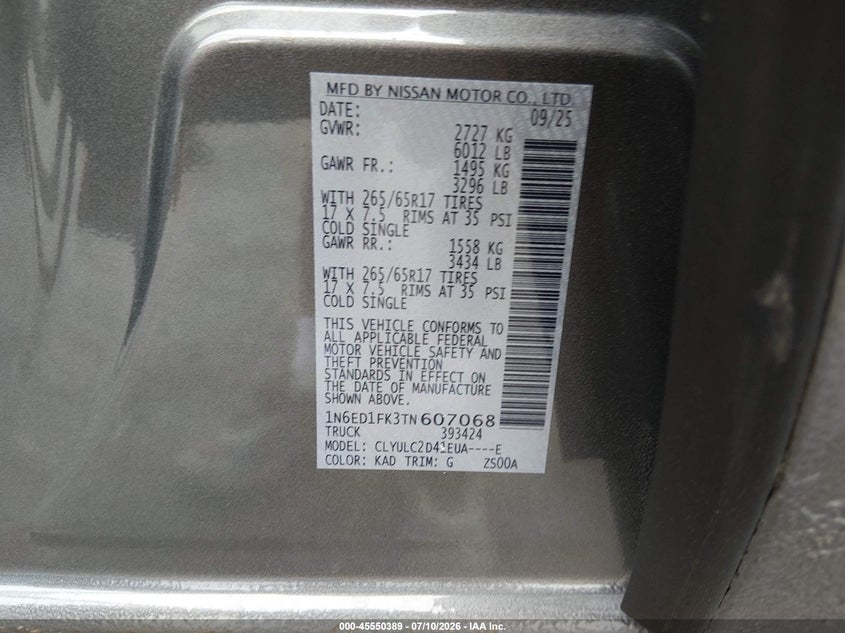2026 Nissan Navara (frontier) VIN 1N6ED1FK3TN607068 IAAI salvage auction — FRONT END, Salvage Title, sold $9,500 on 2026-07-24 (photo 9)