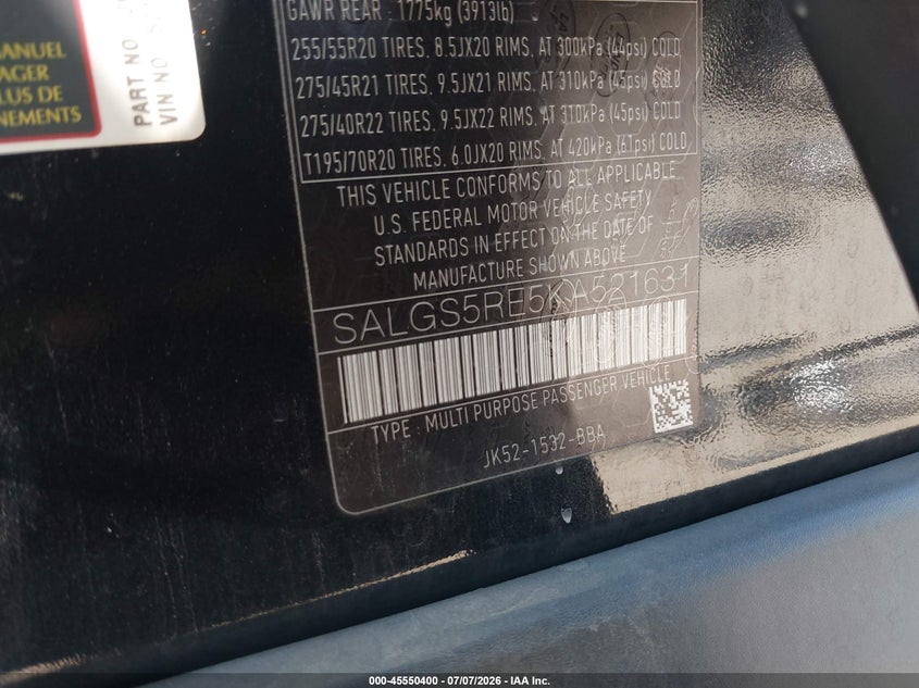 2019 Land rover RANGE ROVER VIN SALGS5RE5KA521631 IAAI salvage auction — FRONT END, Clear (California), sold $10,300 on 2026-07-29 (photo 9)