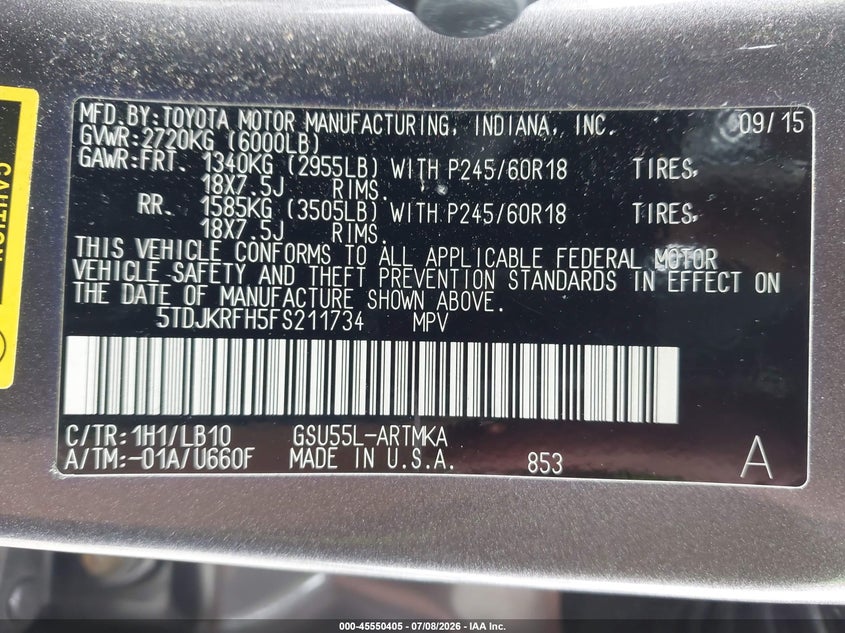2015 Toyota Highlander VIN 5TDJKRFH5FS211734 IAAI salvage auction — FRONT END, Bill Of Sale (Washington), sold $6,900 on 2026-07-29 (photo 9)