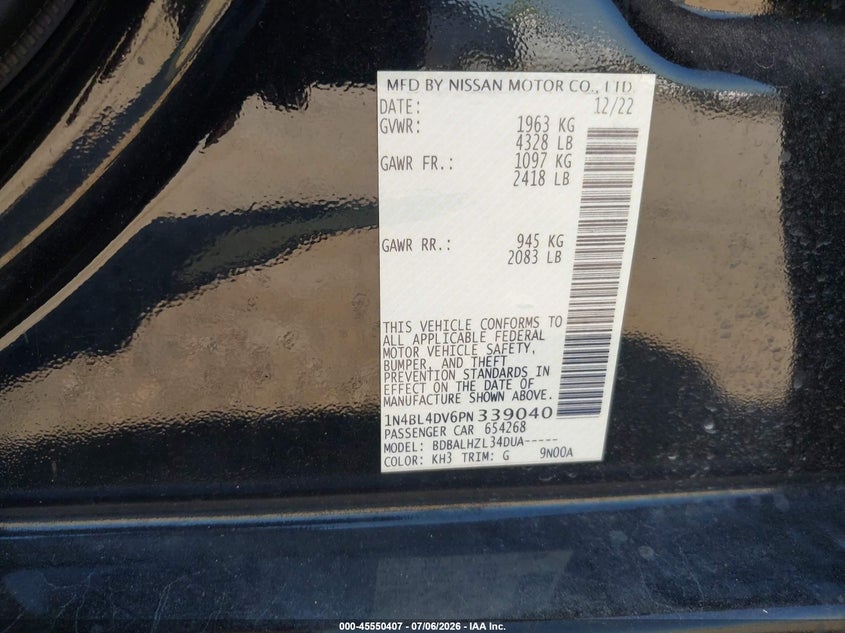 2023 Nissan Altima VIN 1N4BL4DV6PN339040 IAAI salvage auction — HAIL, Original (Texas), sold $8,100 on 2026-09-04 (photo 9)