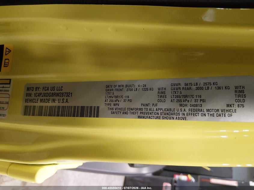 2024 Jeep Wrangler / VIN 1C4PJXDG8RW287321 IAAI salvage auction — FRONT END, Salvage Title, sold $13,100 on 2026-08-30 (photo 9)