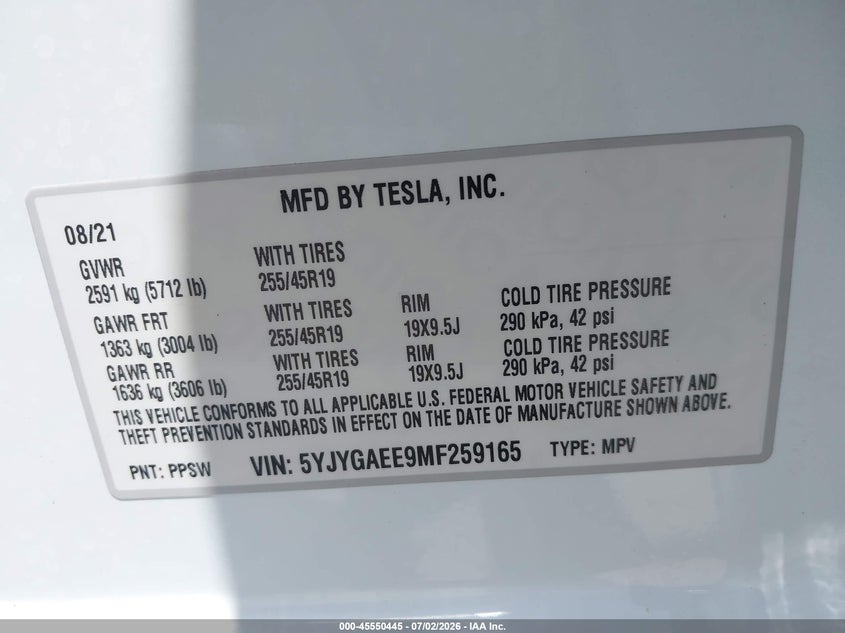 2021 Tesla Model y VIN 5YJYGAEE9MF259165 IAAI salvage auction — FRONT END, Salvage Title, sold $8,800 on 2026-07-17 (photo 9)