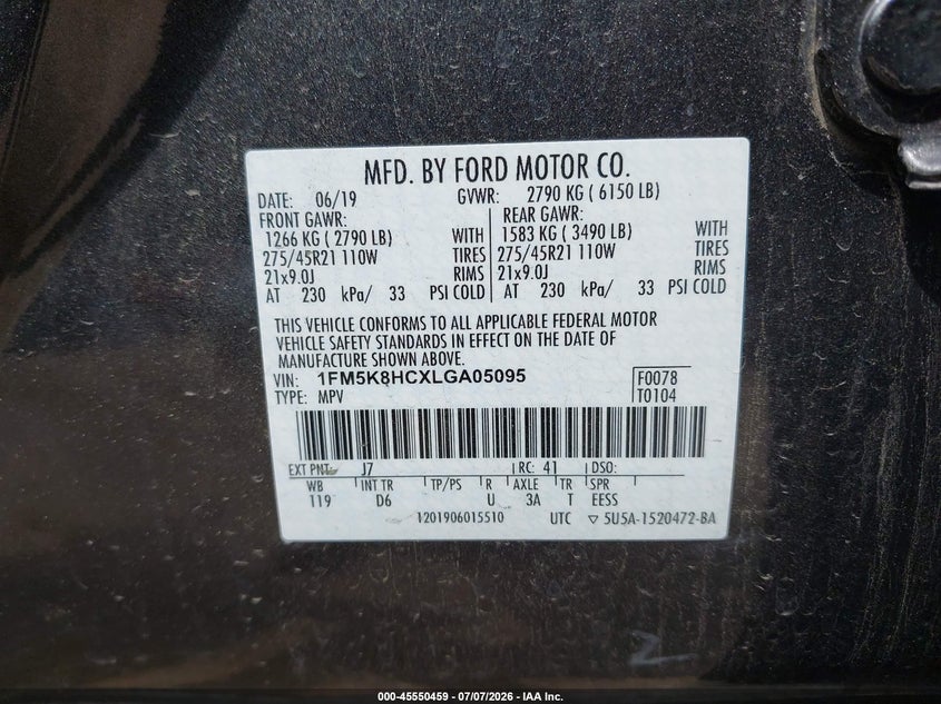 2020 Ford Explorer VIN 1FM5K8HCXLGA05095 IAAI salvage auction — FRONT & REAR, Wait Title, sold $5,475 on 2026-09-03 (photo 9)