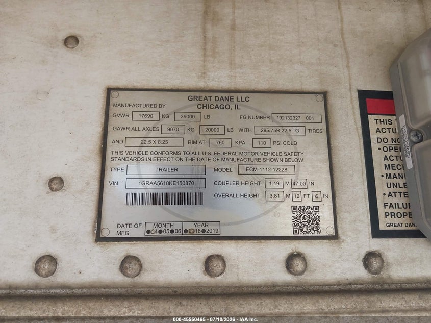 2019 Great dane trailers Great dane trailers VIN 1GRAA5618KE150870 IAAI salvage auction — NORMAL WEAR, Salvage (Pennsylvania), sold $7,000 on 2026-08-17 (photo 9)