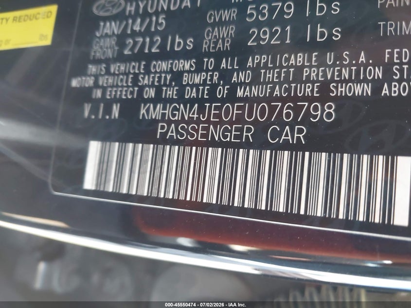 2015 Hyundai Genesis VIN KMHGN4JE0FU076798 IAAI salvage auction — NORMAL WEAR, Restored (Arizona), sold $800 on 2026-07-28 (photo 9)