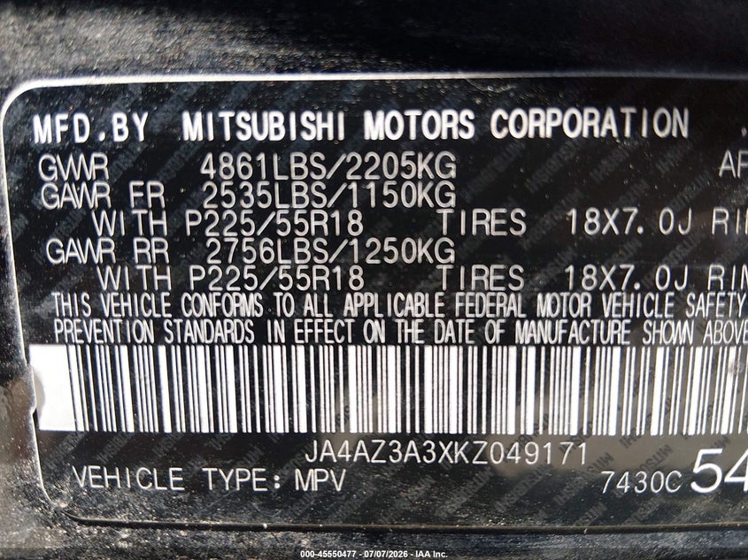 2019 Mitsubishi Outlander VIN JA4AZ3A3XKZ049171 IAAI salvage auction — FRONT END, Salvage (Mississippi), sold $2,850 on 2026-07-30 (photo 9)