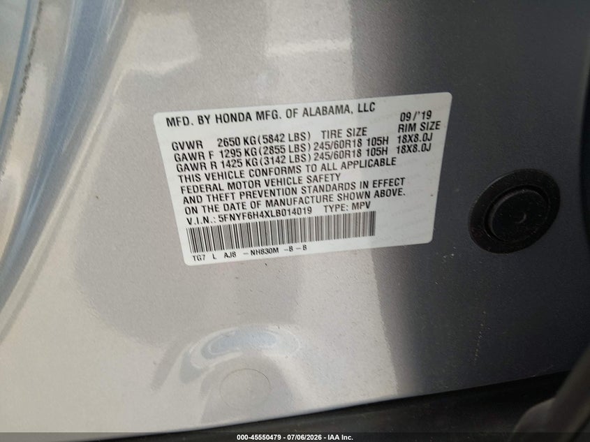 2020 Honda Pilot VIN 5FNYF6H4XLB014019 IAAI salvage auction — RIGHT FRONT, Salvage (North Carolina), sold $3,575 on 2026-08-21 (photo 9)