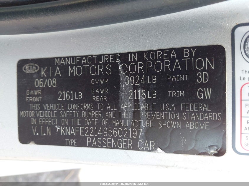2009 Kia Spectra VIN KNAFE221495602197 IAAI salvage auction — RIGHT SIDE, Rebuildable (Florida), sold $300 on 2026-07-28 (photo 9)