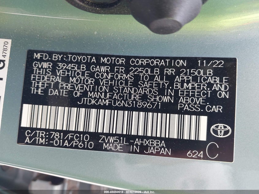 2022 Toyota Prius VIN JTDKAMFU6N3189671 IAAI salvage auction — FRONT END, Salvage - Greater Than 75% (Maryland), sold $5,800 on 2026-07-30 (photo 9)