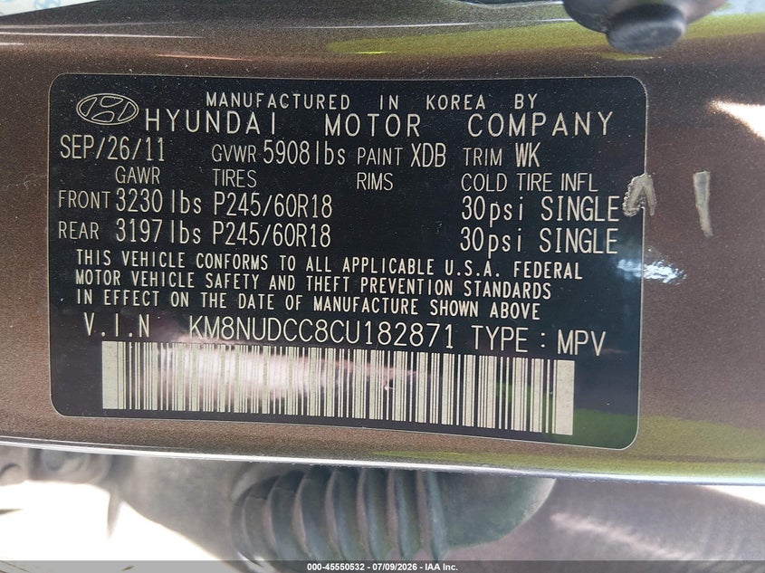 2012 Hyundai Veracruz VIN KM8NUDCC8CU182871 IAAI salvage auction — FRONT END, Salvage (North Carolina), sold $1,450 on 2026-07-23 (photo 9)