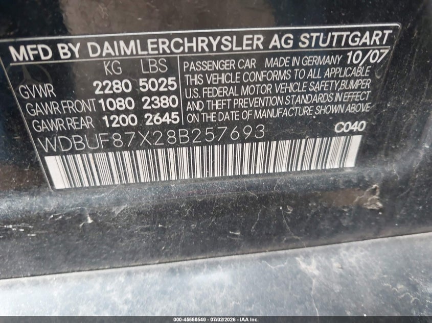 2008 Mercedes-benz E-class VIN WDBUF87X28B257693 IAAI salvage auction — FRONT & REAR, Original (Ohio), sold $1,200 on 2026-07-08 (photo 9)