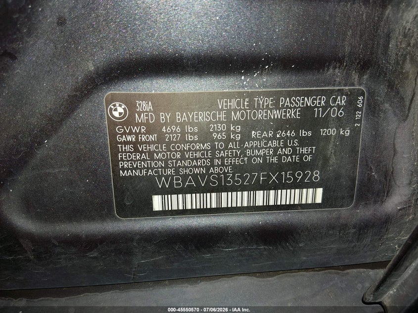2007 BMW 3 series VIN WBAVS13527FX15928 IAAI salvage auction — FRONT END, Salvage (Idaho), sold $250 on 2026-07-31 (photo 9)