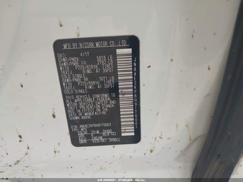 2017 Nissan Quest VIN JN8AE2KP6H9170001 IAAI salvage auction — FRONT END, Rebuildable (Florida), sold $1,025 on 2026-08-01 (photo 9)
