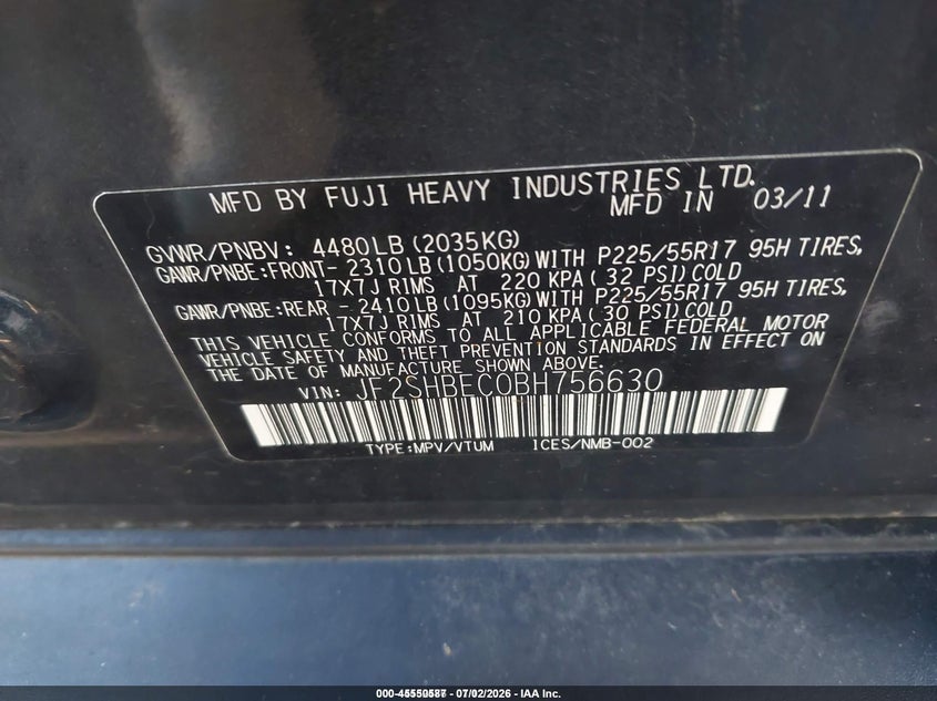 2011 Subaru Forester VIN JF2SHBEC0BH756630 IAAI salvage auction — FRONT END, Clear (Indiana), sold $650 on 2026-07-15 (photo 9)