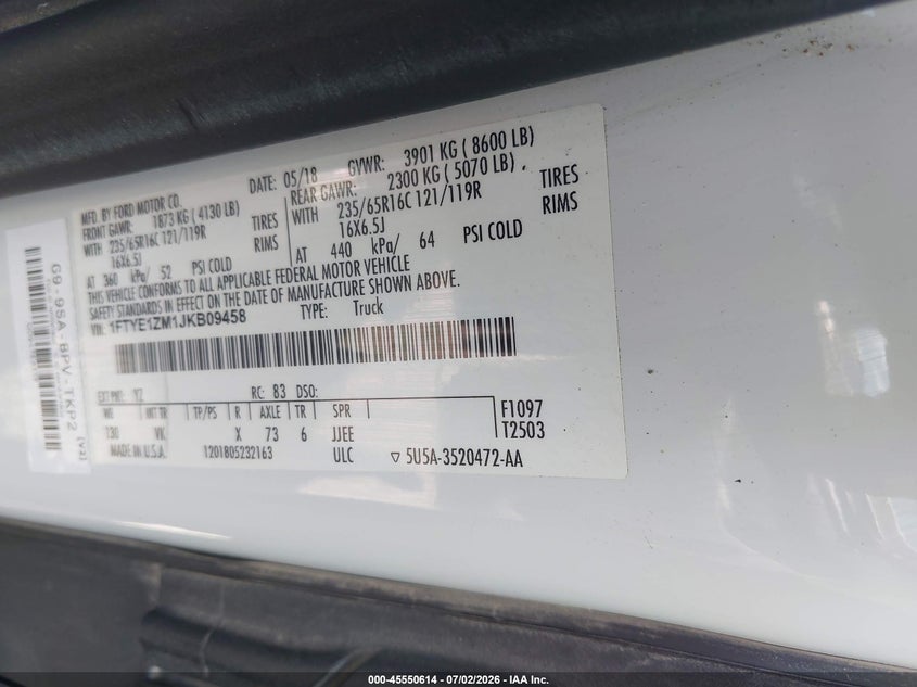 2018 Ford Transit 150 VIN 1FTYE1ZM1JKB09458 IAAI salvage auction — NORMAL WEAR, Sf97 (Maryland), sold $18,250 on 2026-08-18 (photo 9)