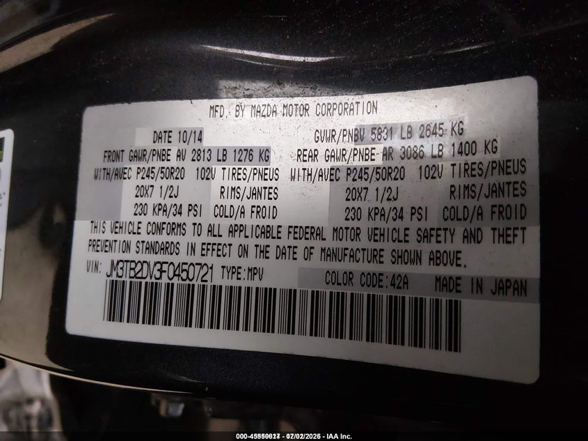 2015 Mazda Cx-9 VIN JM3TB2DV3F0450721 IAAI salvage auction — FRONT END, Clear (Indiana), sold $1,800 on 2026-07-22 (photo 9)