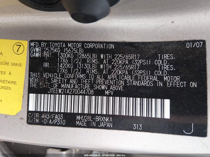 2007 Toyota Highlander hybrid VIN JTEEW21A270044708 IAAI salvage auction — NORMAL WEAR, Clear (Washington), sold $800 on 2026-07-15 (photo 9)
